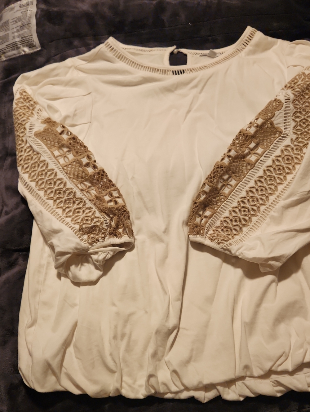 Chico's Cream Blouse with Brown Crochet Sleeve Accents